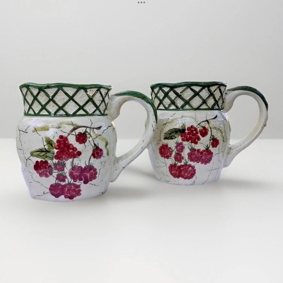 2 Large Mugs Raspberries Lattice CI Raymond Waites Cornucopia Fruit ~ 4.5” - Picture 1 of 8